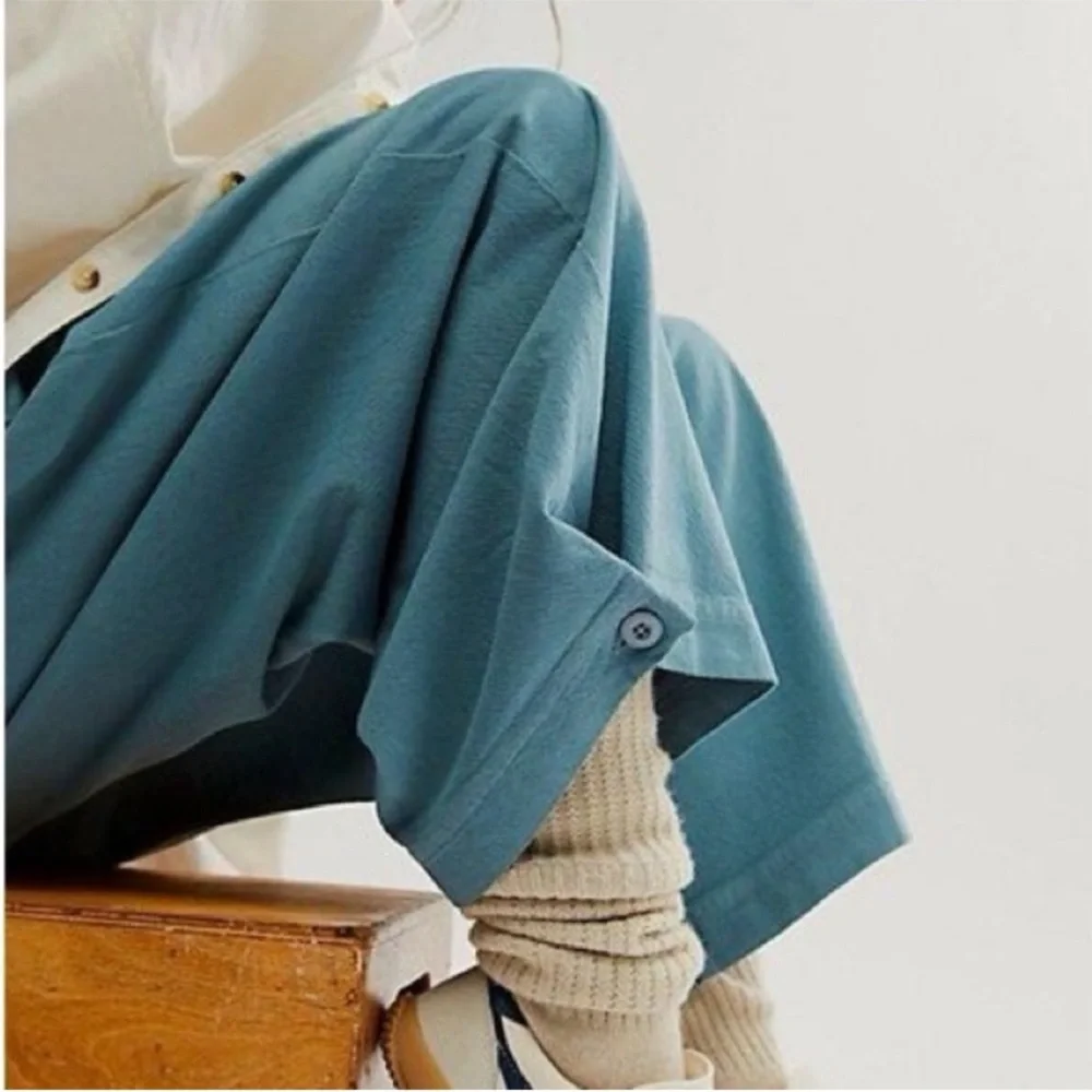 Free People Small Pants Cool Harbor Wide-Leg Trousers in blue zippered pockets - Picture 7 of 11